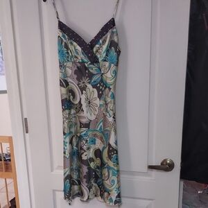 Floral Retro Print Satin Slip Dress with Beaded Neckline Banding